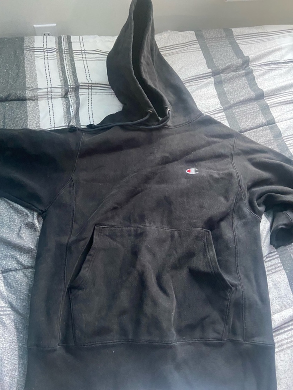 Champion Black Hoodie Reverse Weave Small with Blue Logo Tag